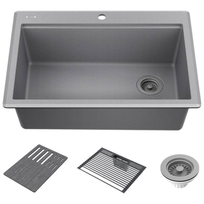 Delta Faucet DELTA® Everest™ 30'' Granite Composite Workstation Kitchen Sink Drop-In Top Mount Single Bowl with WorkFlow™ Ledge and Accessories in Dark Grey