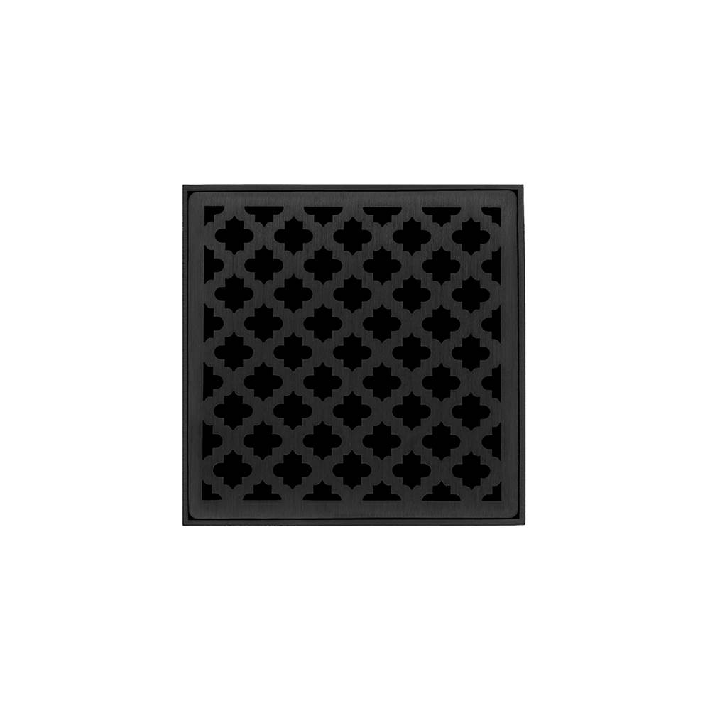 Infinity Drain 5'' x 5'' MD 5 High Flow Complete Kit with Moor Pattern Decorative Plate in Matte Black with Cast Iron Drain Body, 3'' No-Hub Outlet