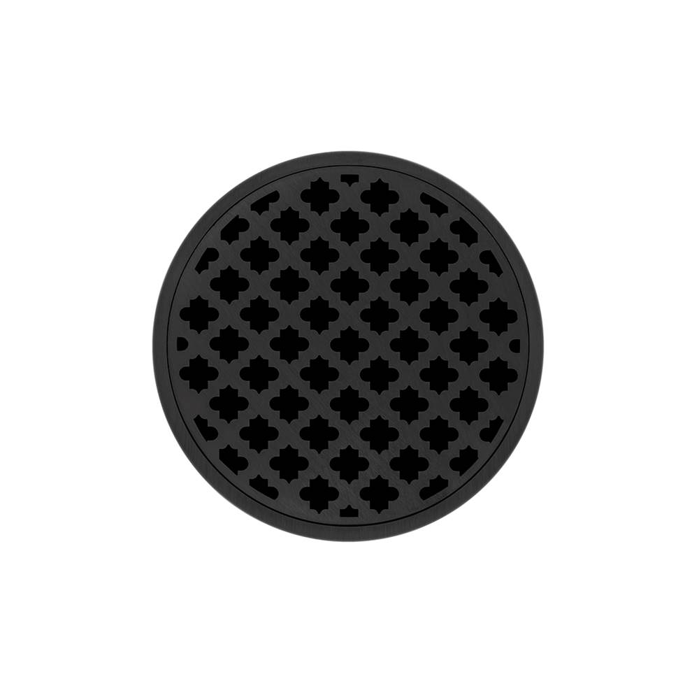 Infinity Drain 5'' Round RMDB 5 Complete Kit with Moor Pattern Decorative Plate in Matte Black with ABS Bonded Flange Drain Body, 2'', 3'' and 4'' Outlet