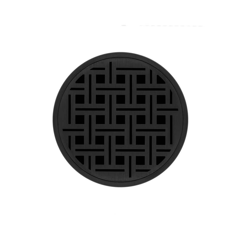 Infinity Drain 5'' Round RVDB 5 Complete Kit with Weave Pattern Decorative Plate in Matte Black with ABS Bonded Flange Drain Body, 2'', 3'' and 4'' Outlet