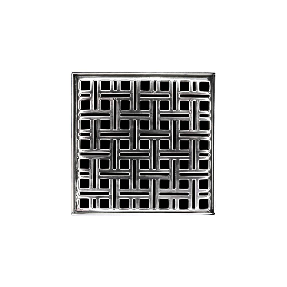 Infinity Drain 5'' x 5'' VDB 5 Complete Kit with Weave Pattern Decorative Plate in Polished Stainless with PVC Bonded Flange Drain Body, 2'', 3'' and 4'' Outlet