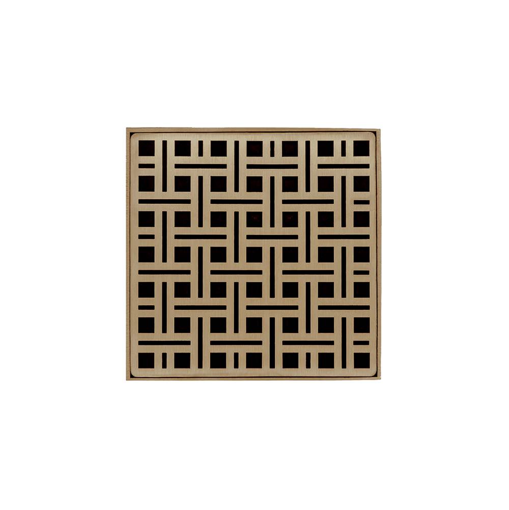 Infinity Drain 5'' x 5'' VDB 5 Complete Kit with Weave Pattern Decorative Plate in Satin Bronze with ABS Bonded Flange Drain Body, 2'', 3'' and 4'' Outlet