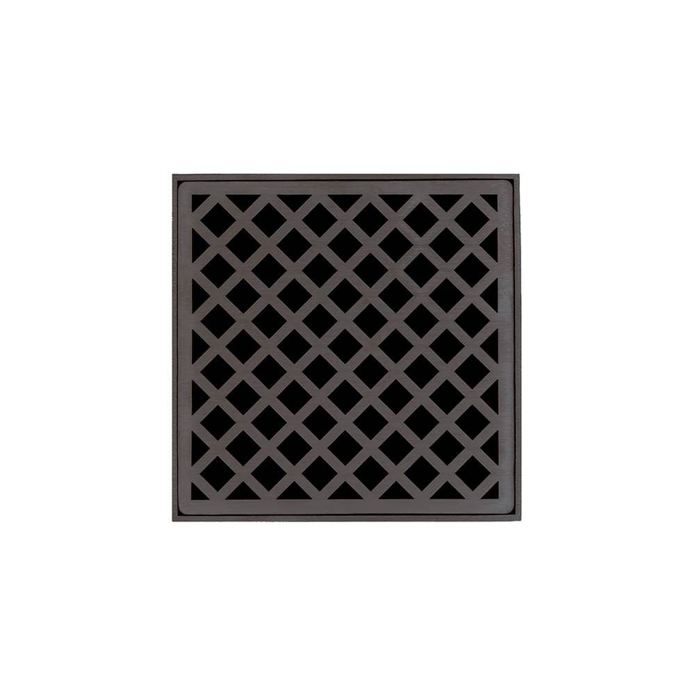 Infinity Drain 5'' x 5'' XD 5 High Flow Complete Kit with Criss-Cross Pattern Decorative Plate in Oil Rubbed Bronze with Cast Iron Drain Body, 3'' No-Hub Outlet
