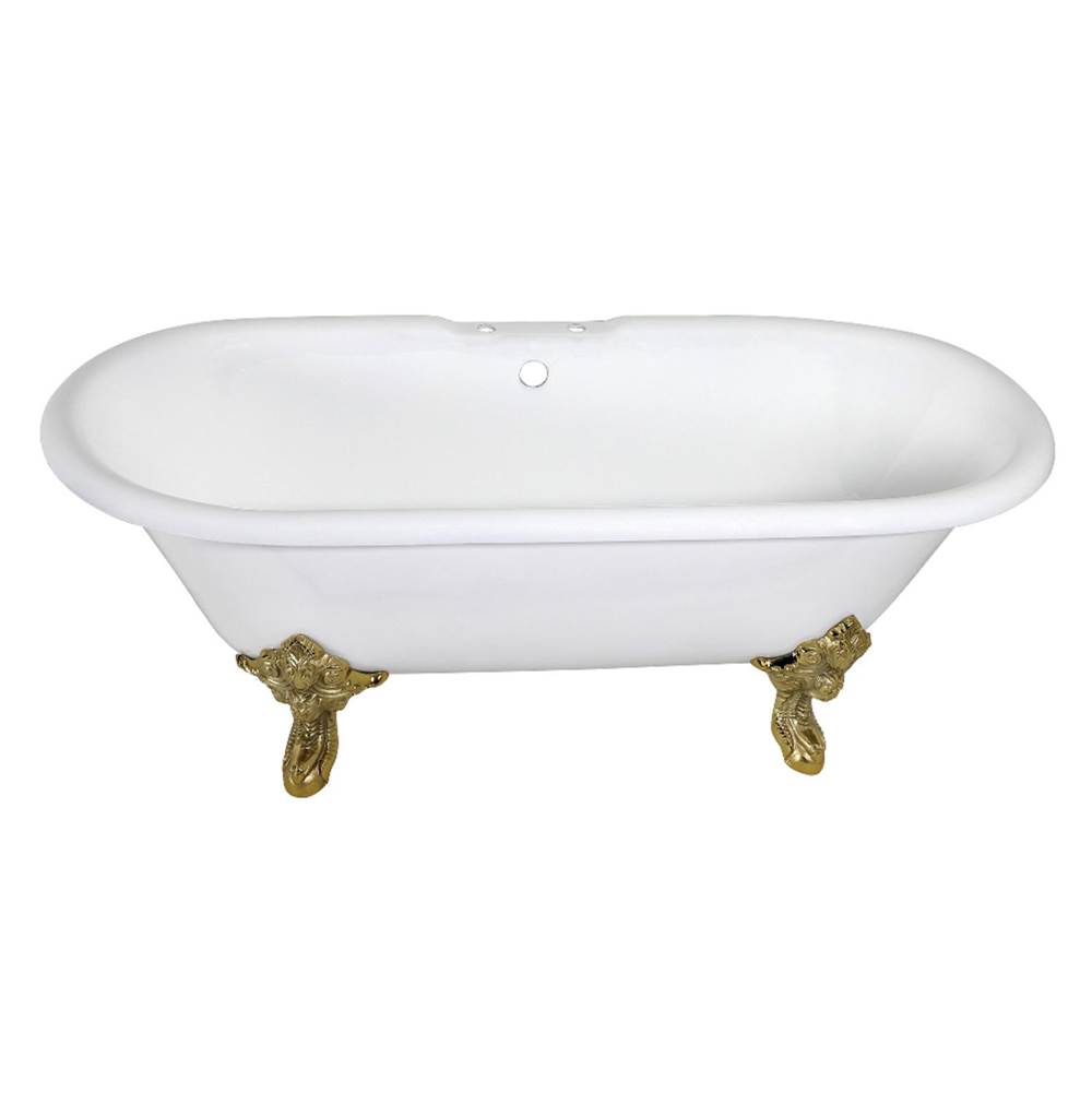 Kingston Brass Aqua Eden 72-Inch Cast Iron Double Ended Clawfoot Tub with 7-Inch Faucet Drillings, White/Polished Brass