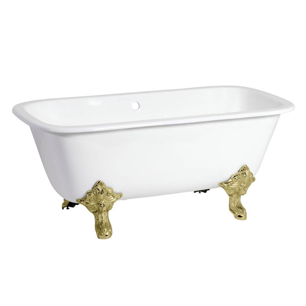 Kingston Brass Aqua Eden 67-Inch Cast Iron Double Ended Clawfoot Tub with 7-Inch Faucet Drillings, White/Polished Brass