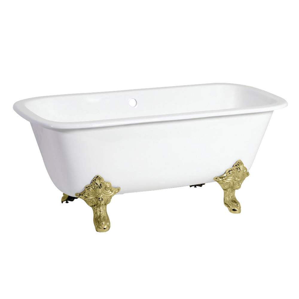 Kingston Brass Aqua Eden 67-Inch Cast Iron Double Ended Clawfoot Tub (No Faucet Drillings), White/Polished Brass