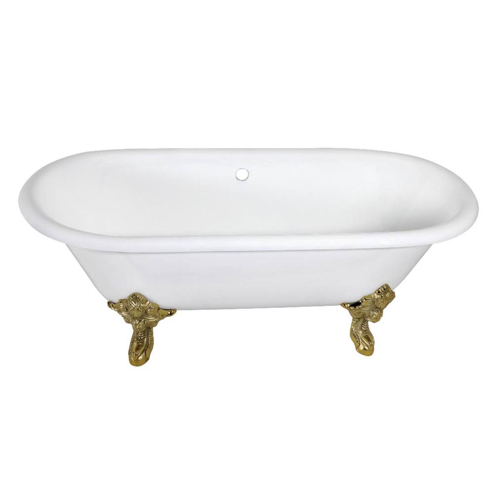 Kingston Brass Aqua Eden 72-Inch Cast Iron Double Ended Clawfoot Tub (No Faucet Drillings), White/Polished Brass
