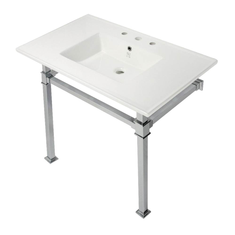Kingston Brass Monarch 37-Inch Console Sink with Stainless Steel Legs (8-Inch, 3 Hole), White/Polished Chrome