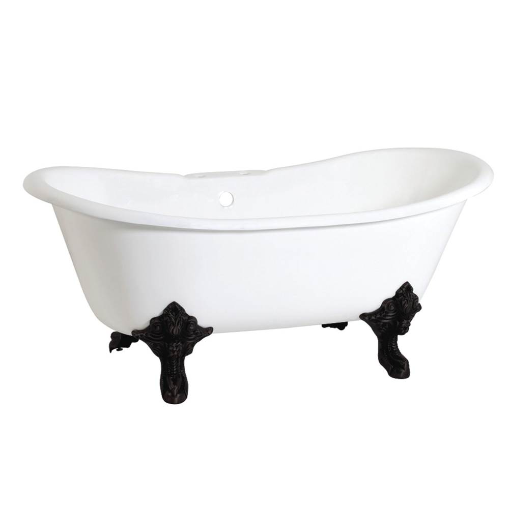 Kingston Brass Aqua Eden 67-Inch Cast Iron Double Slipper Clawfoot Tub with 7-Inch Faucet Drillings, White/Matte Black