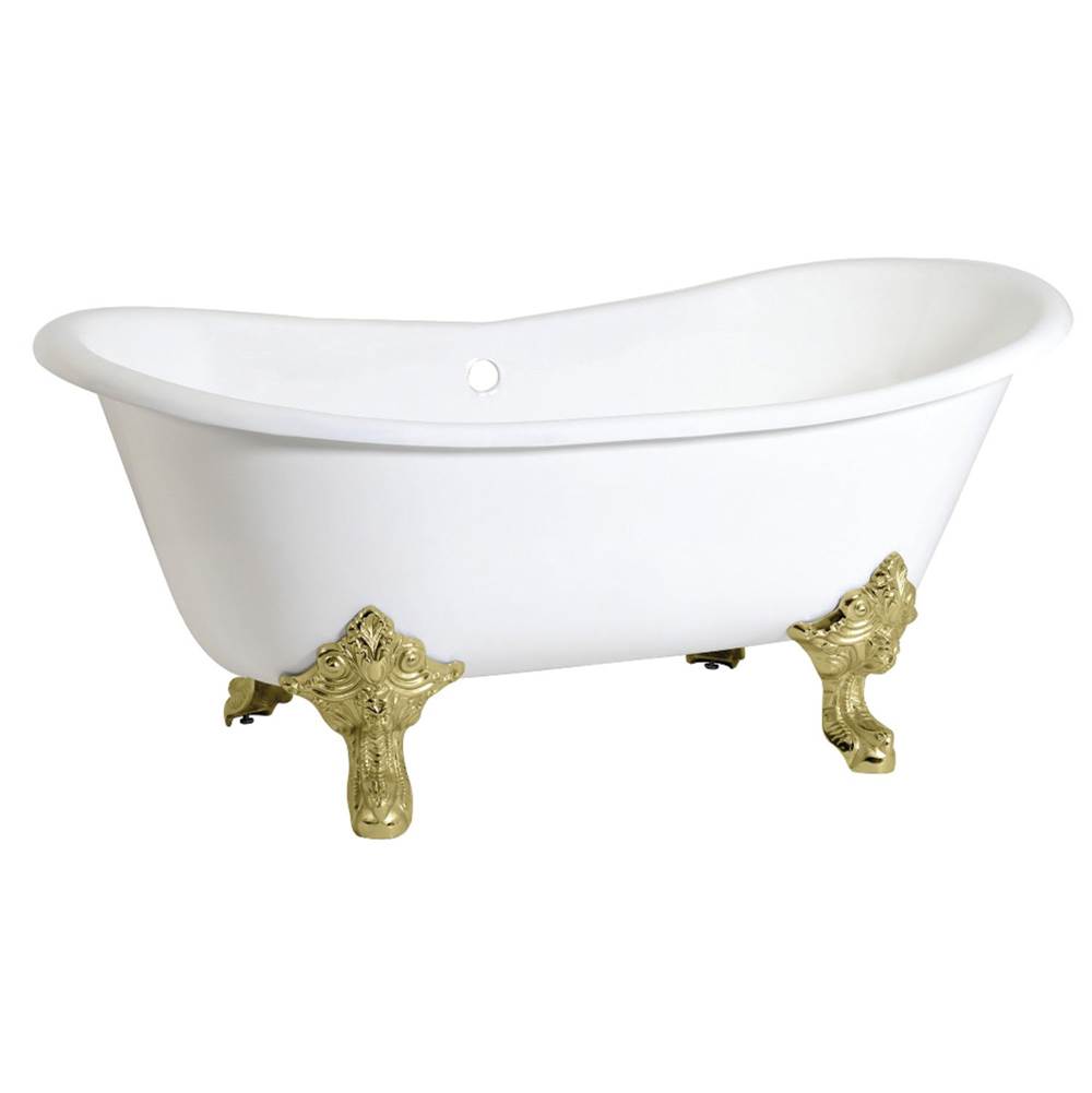 Kingston Brass Aqua Eden 67-Inch Cast Iron Double Slipper Clawfoot Tub (No Faucet Drillings), White/Polished Brass