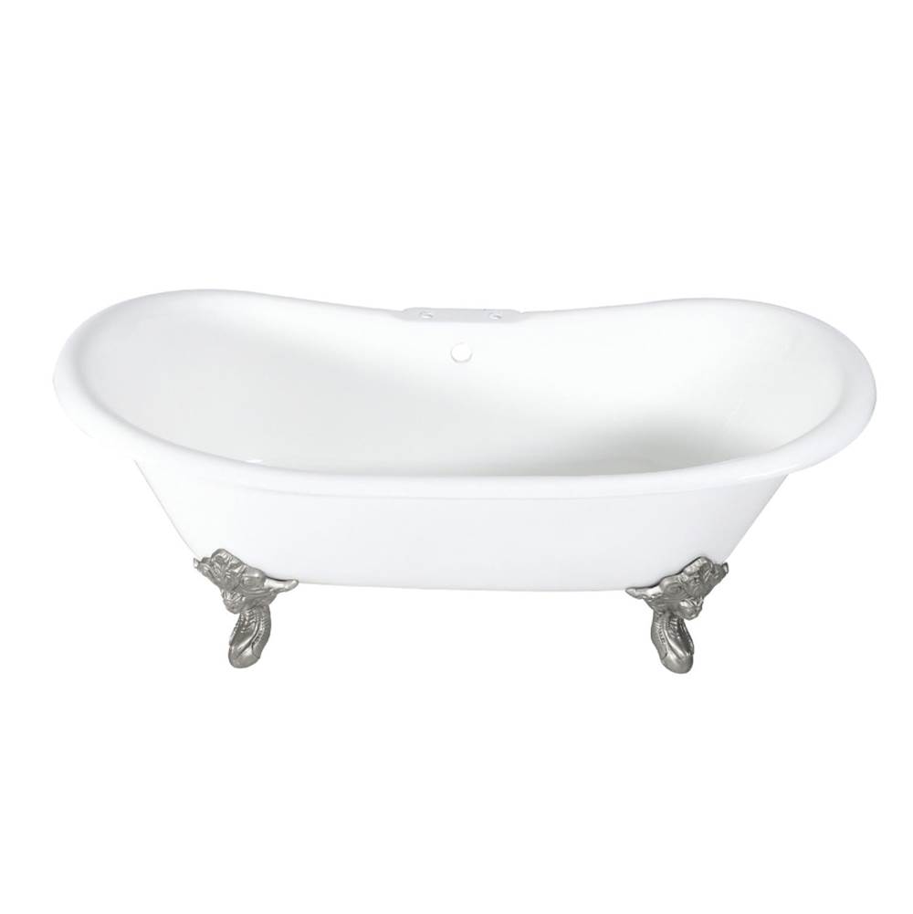 Kingston Brass Aqua Eden 72-Inch Cast Iron Double Slipper Clawfoot Tub with 7-Inch Faucet Drillings, White/Brushed Nickel