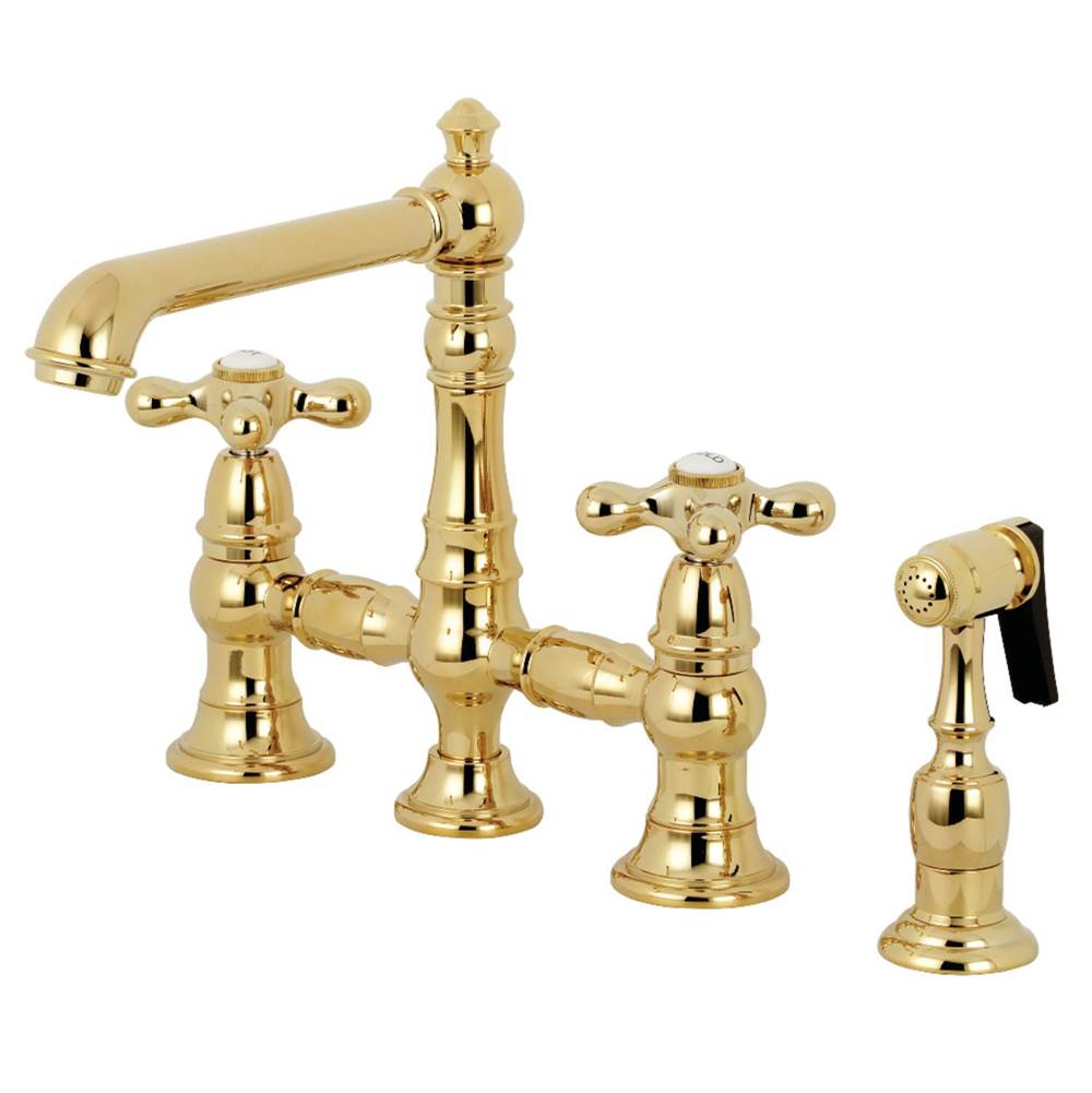 Kingston Brass English Country 8'' Bridge Kitchen Faucet with Sprayer, Polished Brass