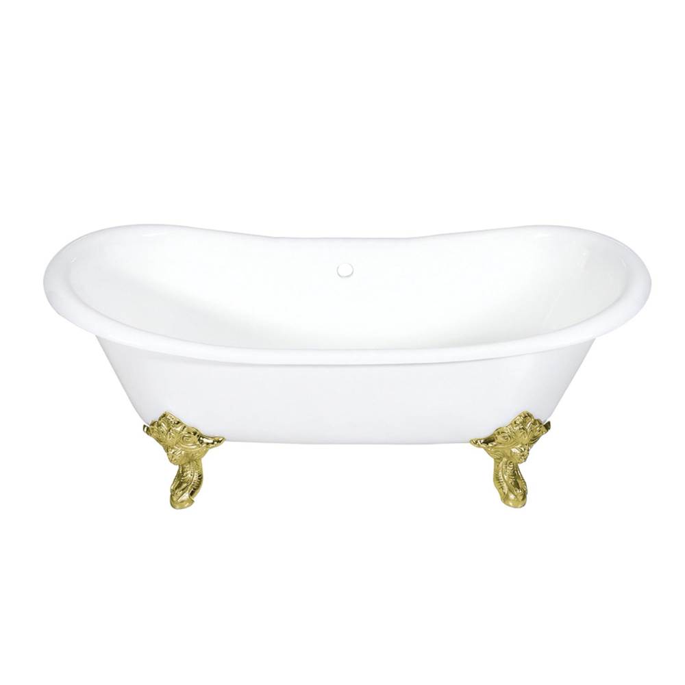 Kingston Brass Aqua Eden 72-Inch Cast Iron Double Slipper Clawfoot Tub (No Faucet Drillings), White/Polished Brass