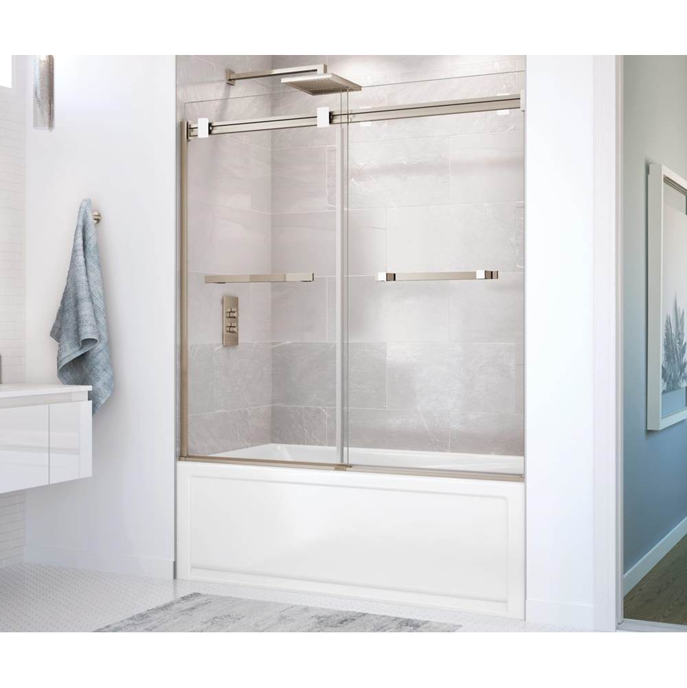 Maax Duel 56-59 x 55 1/2 x 59 in. 8 mm Bypass Tub Door for Alcove Installation with Clear glass in Brushed Nickel & Matte White