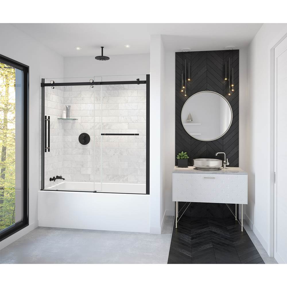Maax Vela 56 1/2-59 x 59 in. 8 mm Sliding Tub Door with Towel Bar for Alcove Installation with Clear glass in Matte Black and Brushed Nickel