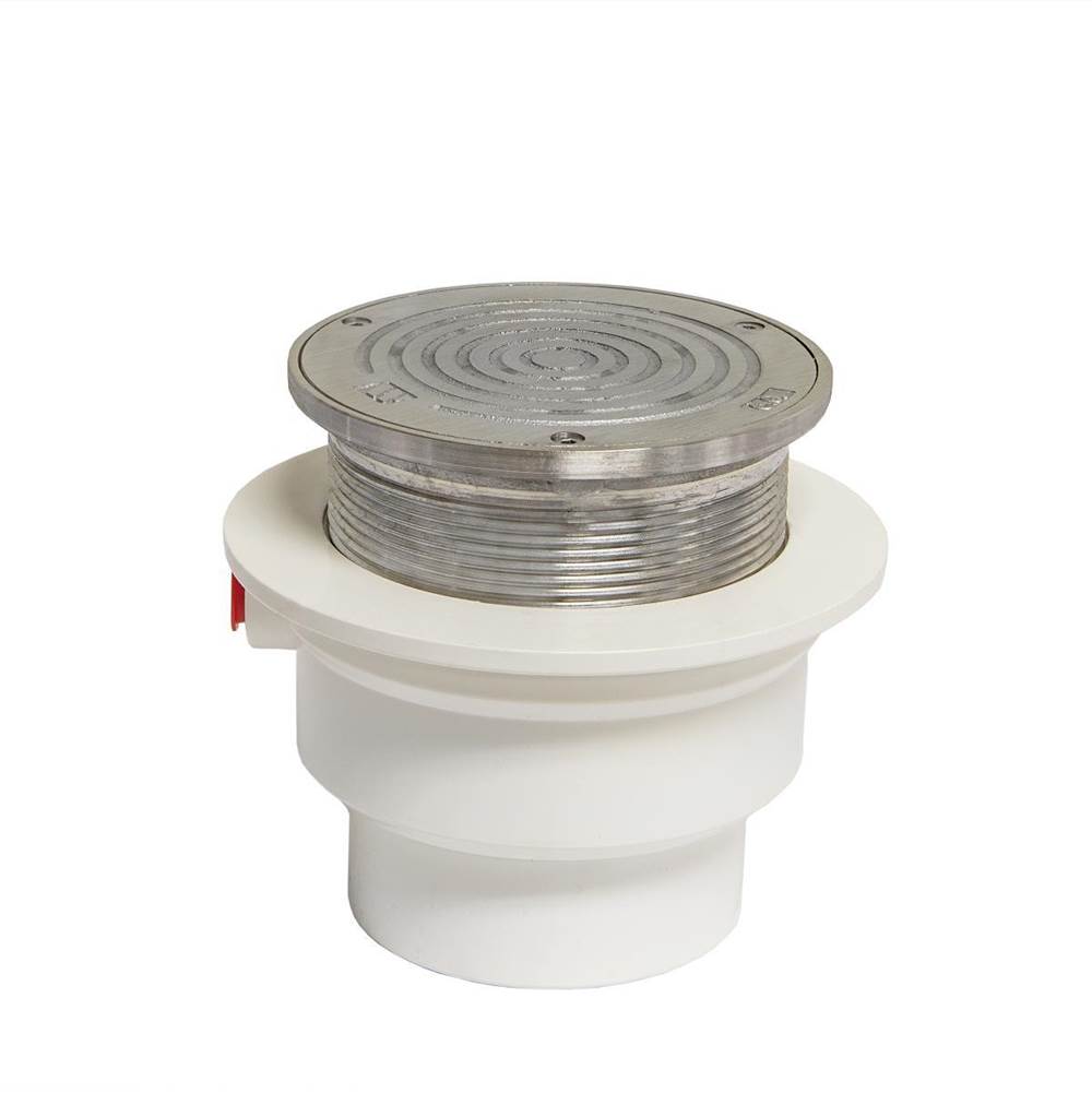 Watts Floor Cleanout, PVC, 4 IN Plain Connection, 5 IN Round Adjustable SS Top, Poly Plug, MD Load Rating